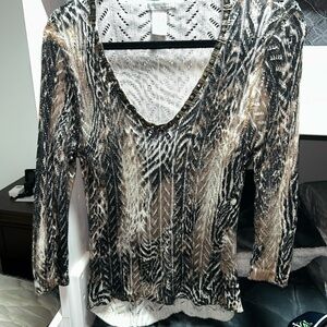 Alberto Malaki Metallic V-Neck Long Sleeve Top - Black & Gold